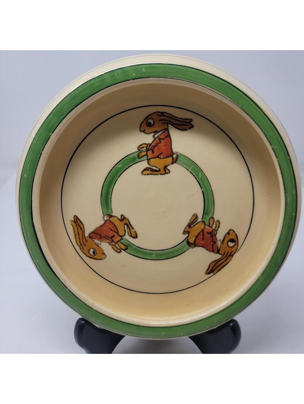 1910 Roseville Pottery USA Rolled Edge Baby ' s Plate Juvenile Bowl Dish Rabbit